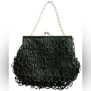 NEW‎ Black Beaded Evening Bag Kiss Lock Clutch Chain Handle